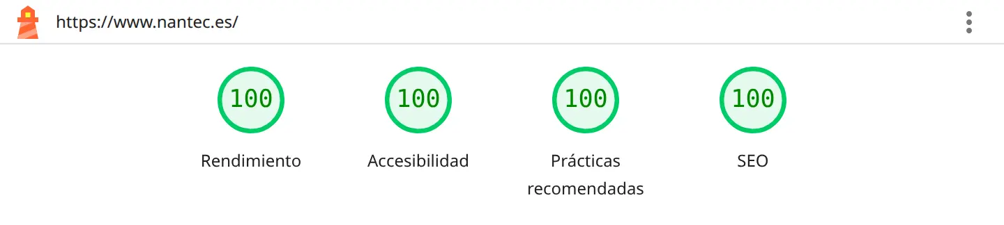 Informe de Lighthouse de www.nantec.es en el ordenador: 100 en rendimiento, en accesibilidad, en prácticas recomendadas y en SEO.