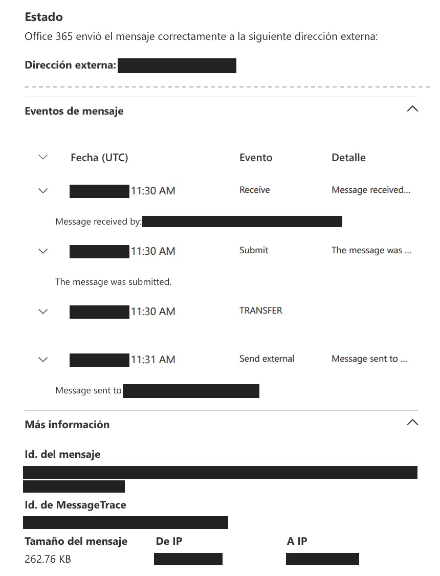 Detalle del mensaje en Microsoft 365: «Office 365 envió el mensaje correctamente a la siguiente dirección externa», con los eventos Receive, Submit y Transfer a las 11:30 y Send external a las 11:31, y un tamaño de 262.76 KB. Dirección, servidores, identificadores, IP y fecha, tapados.