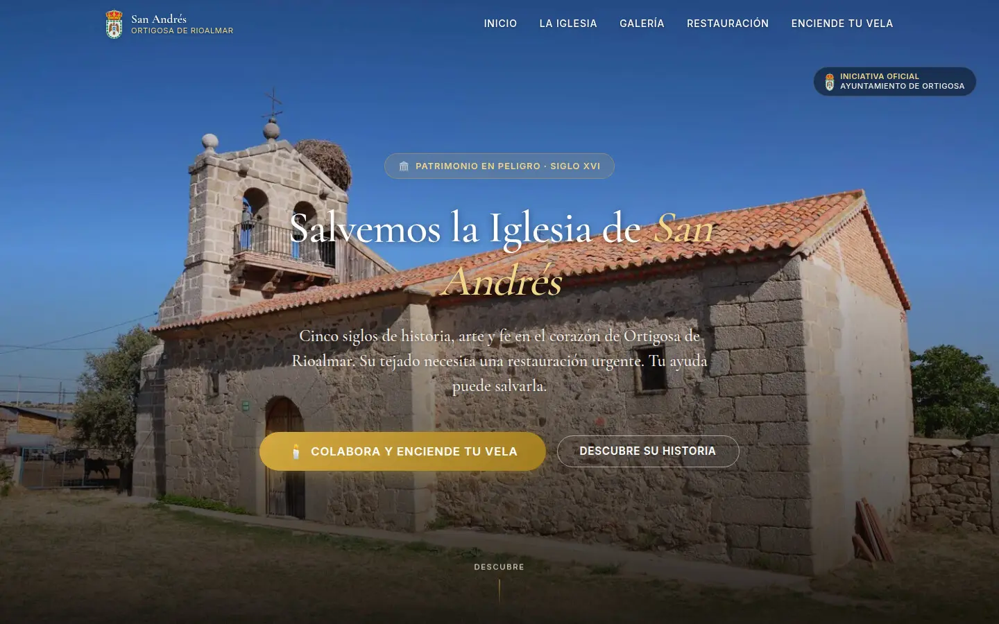 Portada de iglesiadeortigosa.es: «Salvemos la Iglesia de San Andrés», sobre una foto del templo de piedra con su espadaña