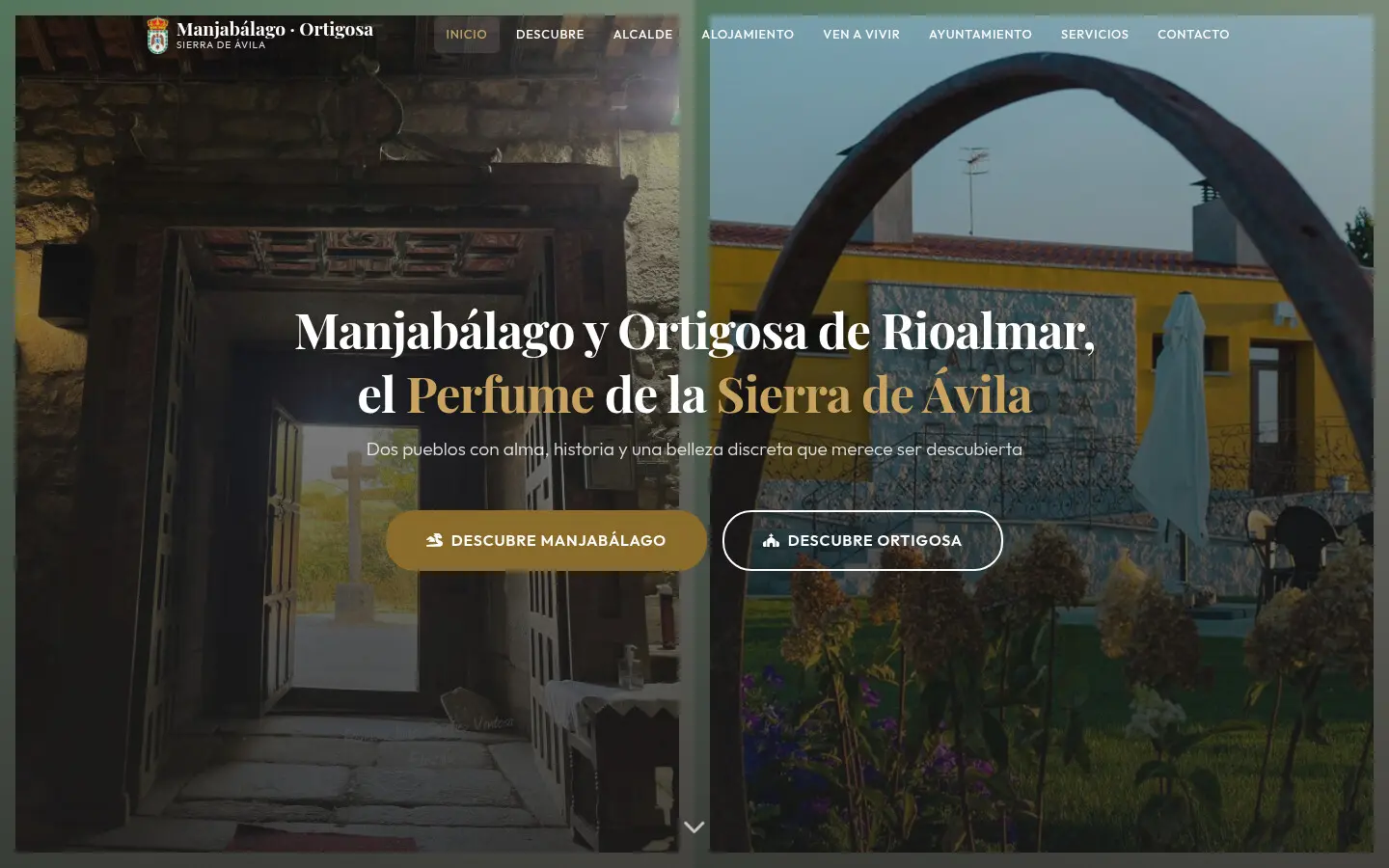 Portada de manjabalagoyortigosa.es: «Manjabálago y Ortigosa de Rioalmar, el Perfume de la Sierra de Ávila», sobre fotos de los dos pueblos