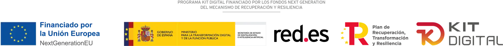 Programa Kit Digital financiado por los fondos Next Generation del Mecanismo de Recuperación y Resiliencia. Financiado por la Unión Europea, NextGenerationEU. Gobierno de España, Ministerio para la Transformación Digital y de la Función Pública. Red.es. Plan de Recuperación, Transformación y Resiliencia. Kit Digital.
